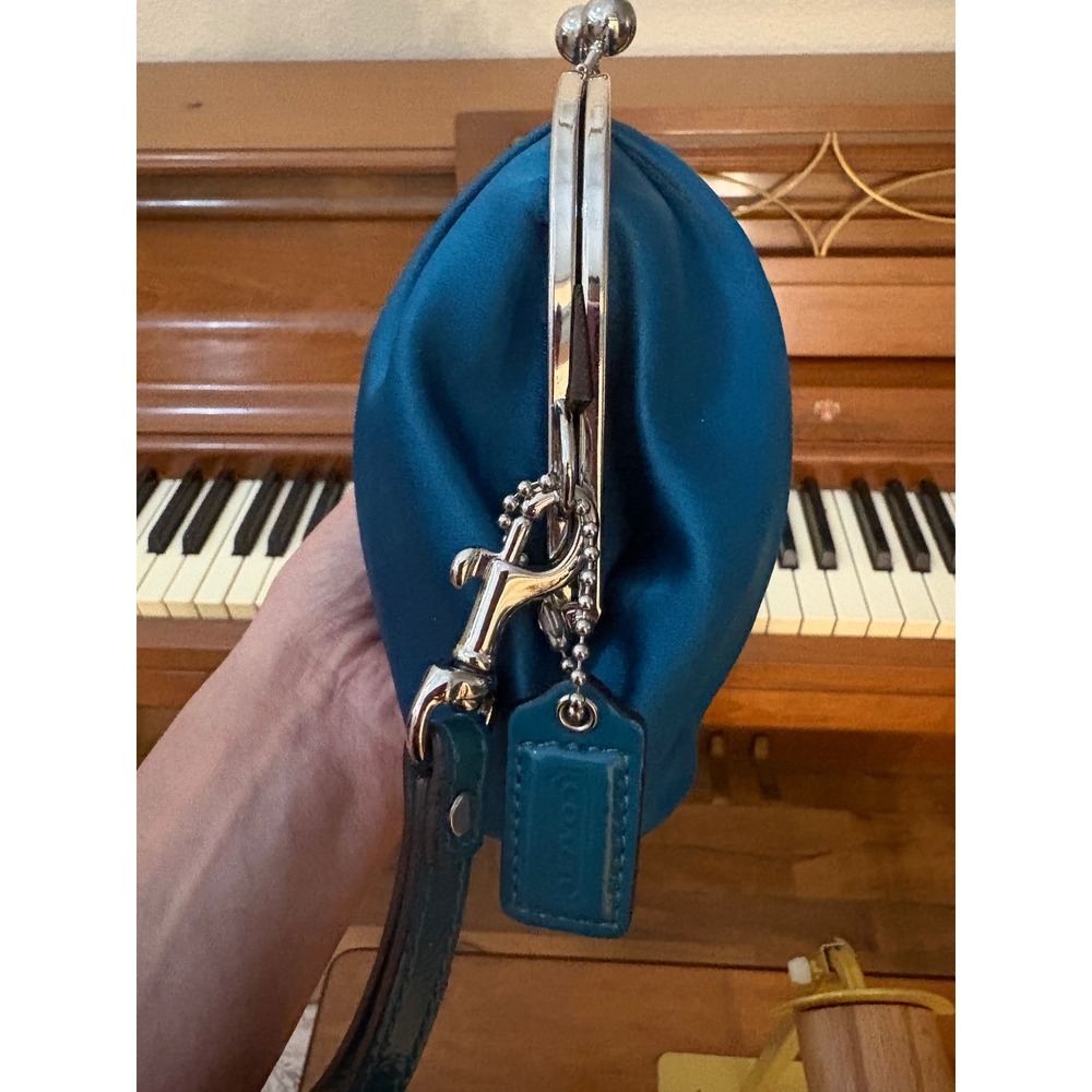 Coach Wristlet Bag Womens Satin Clutch Teal Blue Kiss Lock Vintage Evening Glam - Picture 5 of 10